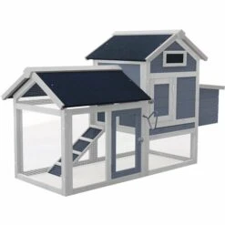 WILTEC Poulailler Avec Nichoir & Enclos Extérieur Gris Maisonnette Bac Amovible Pour Nettoyage Cage