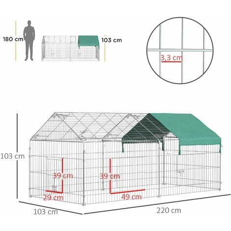 PawHut Parc Enclos Métal époxy Cage Extérieure Dim. 2,20L X 1,03l X 1,03H M 3 Portes Et Trappe Surface Abrité PE Vert - Vert 3 PawHut Parc Enclos Métal époxy Cage Extérieure Dim. 2,20L X 1,03l X 1,03H M 3 Portes Et Trappe Surface Abrité PE Vert - Vert – Image 3