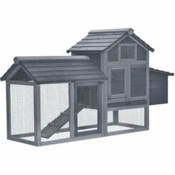 PawHut Petit Poulailler Cottage Cage à Poules Sur Pied Dim. 151L X 54l X 87H Cm Multi-équipement Bois Massif De Pin Gris