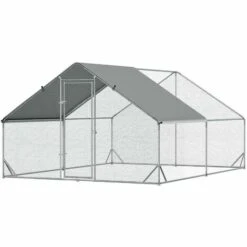 PawHut Enclos Poulailler Chenil 12 M² - Parc Grillagé Dim. 4L X 3l X 2H M - Espace Couvert - Acier Galvanisé